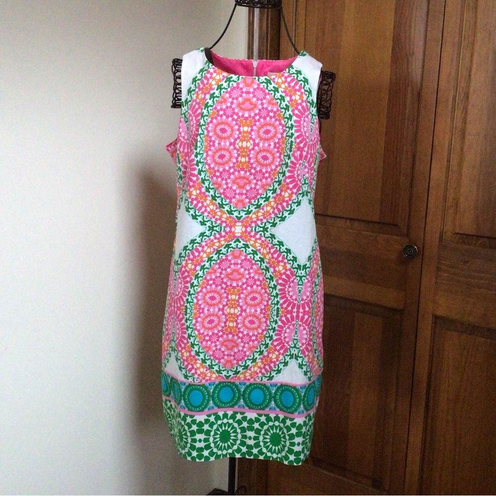 LONDON TIMES Mosaic Print Sleeveless Shift Dress Size 8 in Bright Pink Print - Picture 2 of 7